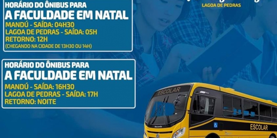 Transporte gratuito para estudantes de cursos e universidades nos municípios de Nova Cruz e Natal